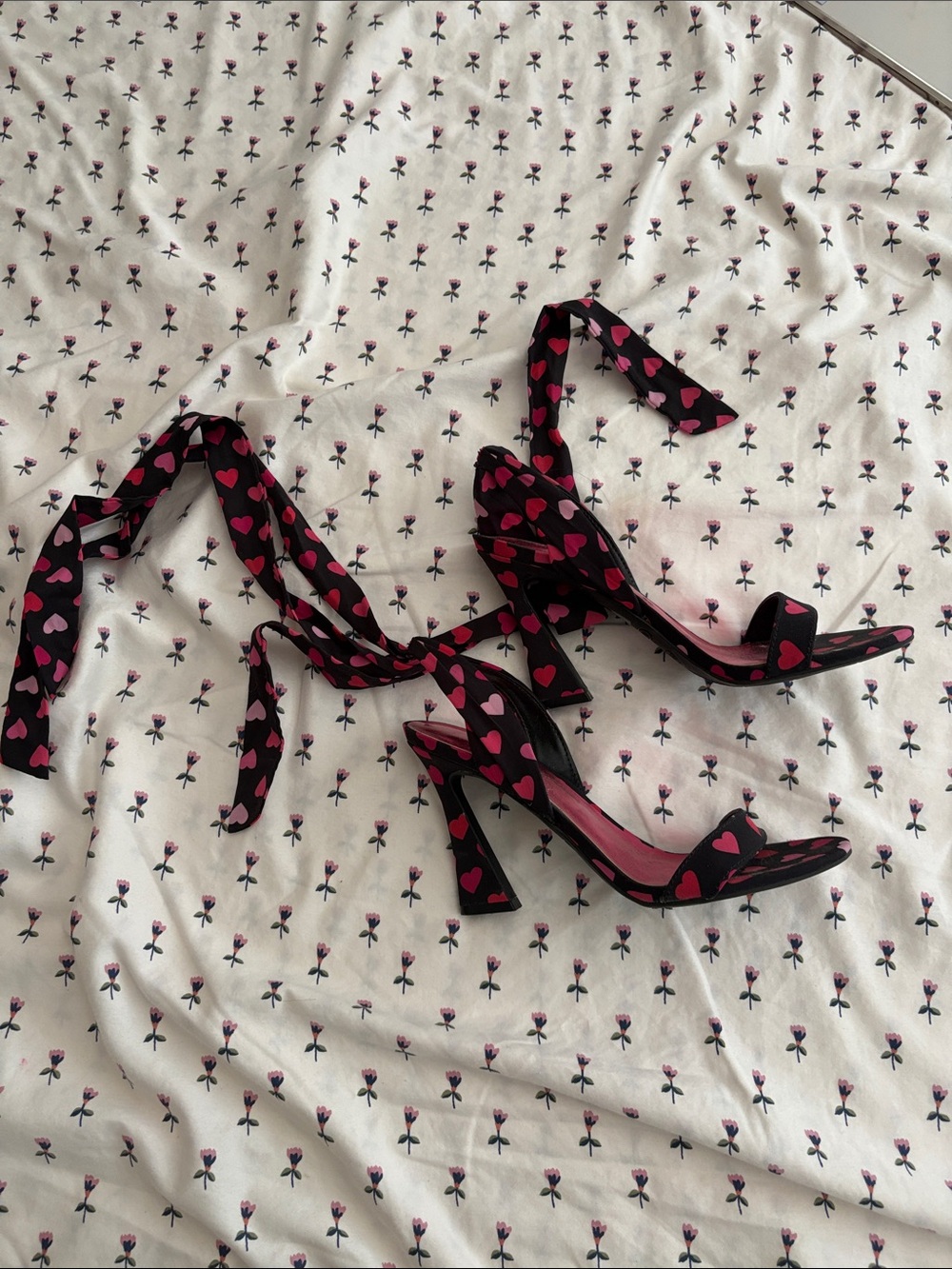 Nine West Women’s Black Ankle-Tie Heels with Pink Heart Print